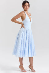 Romantic Blue Halter Jacquard Party Dress