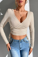 V Neck Tie Waist Bodycon Long Sleeve Tee