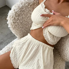 Lace Patchwork Tank Top Elastic Waist Shorts Two Piece Set