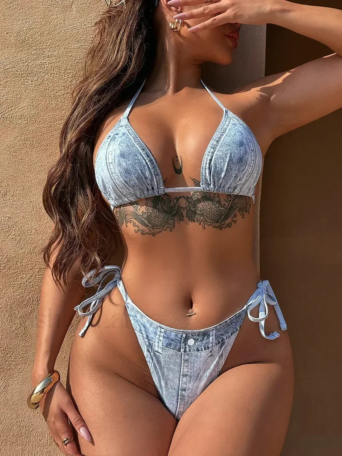 Denim Printed Halter Strappy High Cut Bikini Set