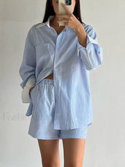 Long Sleeve Collar Pajama Shorts Two Piece Set