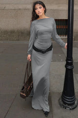 Slant Neck Pleated Slim Fit Celebrity Temperament Maxi Dress