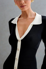 Pearl Button Ruffled Collar Knit Sweater Dress
