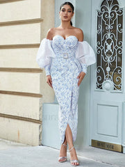 Jacquard Split Blue Maxi Dress