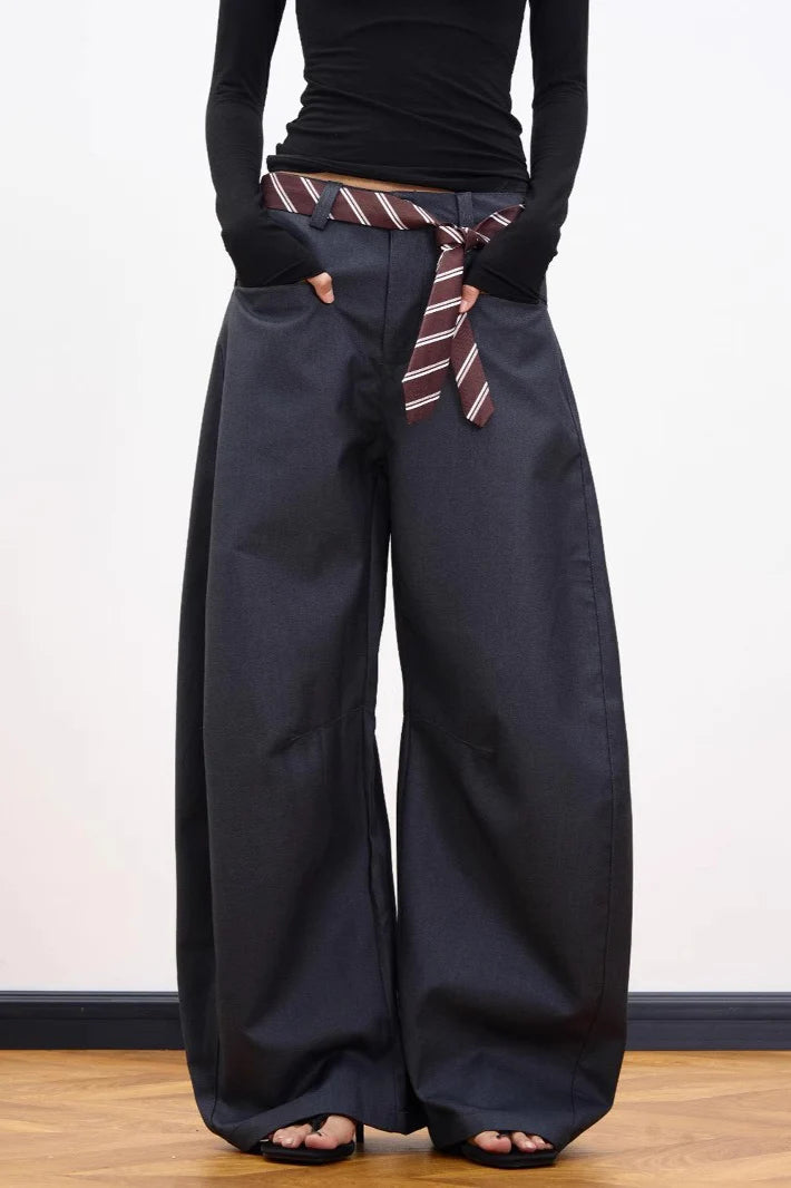 Casual Belt Detail Curved Wide Leg Pants
