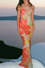 Hollow Print Strappy Halter Spice Girl Floral Dress
