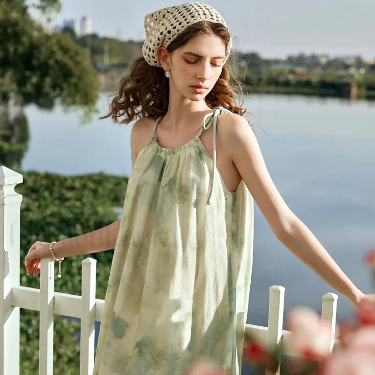 A-Line Chiffon Lace-Up Floral Dress