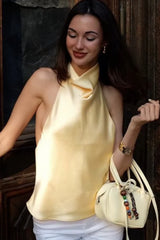 Beige Satin Texture Chic Halter Top