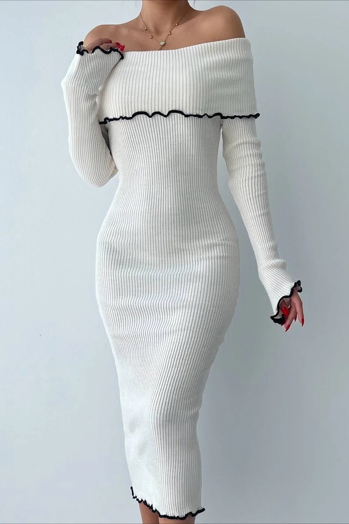 Ribbed Off Shoulder Color Block Knit Sweater Dress