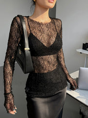 Lace Raw Hem Crew Modern Neck Long Sleeve Top