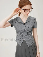 Bowknot Lapel Tight Knit Casual T-Shirt