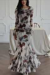 Elegant Long Sleeve Mermaid Rose Floral Dress