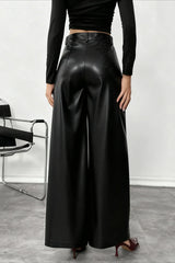 High Waist Fluid Black PU Leather Wide Leg Pants
