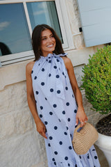 Ruffle Neck Midi Dress-Navy Polka Dot