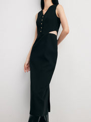 Solid Cut Out Trendy Buttoned Midi Vest Dress