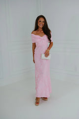 Jacquard Off Shoulder Dress-Pink