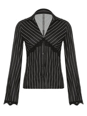 Lace Paneled Long Sleeve Striped Blouse