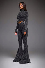 Sexy Zip Front Crop Top Flared Pants Set