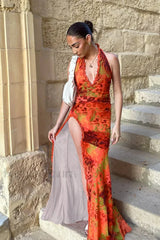 Slim Fit Printed Split-End Holiday Floral Dress