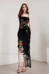Mesh Stitching Irregular Pleated Plant Print Maxi Dress