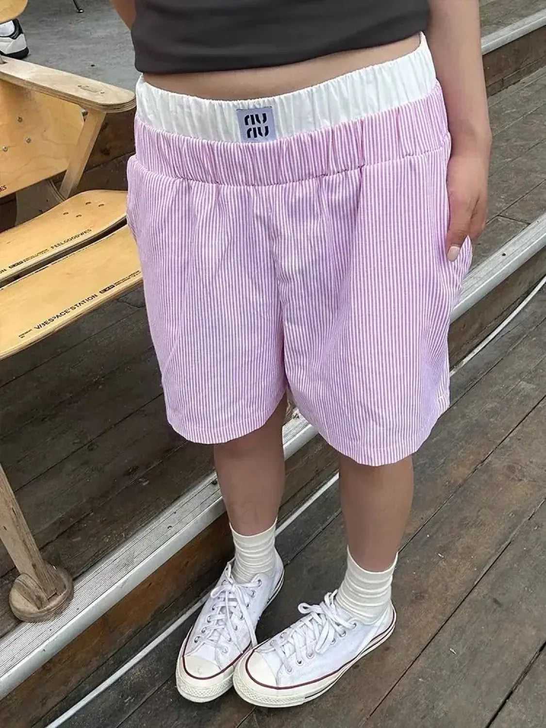 Striped Patchwork Baggy Elastic Waist Retro Casual Short