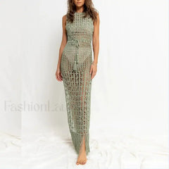 Solid Color Crocheted Hollow Out Sleeveless Cover Up