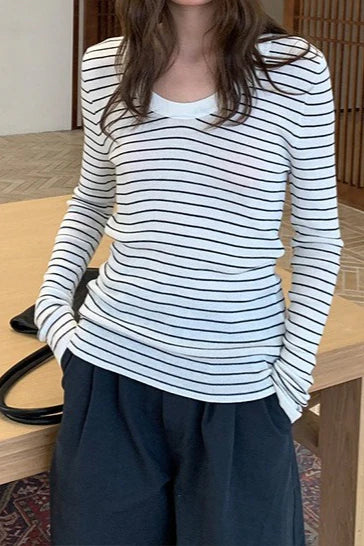 Wool Striped Round Neck Knit Top