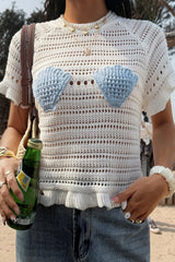 Contrast Open Knit Shell Trim Crew Neck Tee