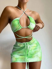 Tie Dye Hollow Pleated Three Piece Set