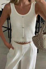 White Waffle Knit Raw Edge Cropped Tank Top