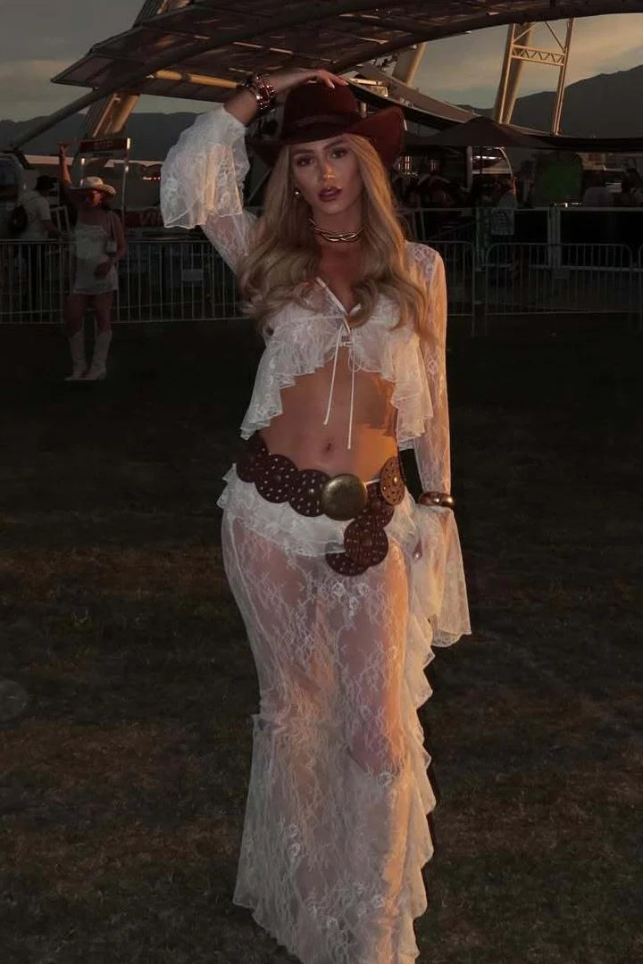 Ruffle Lace Sheer Bell Sleeve Boho Skirt Set