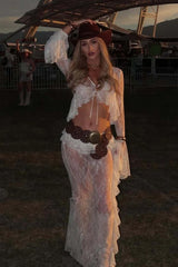 Ruffle Lace Sheer Bell Sleeve Boho Skirt Set