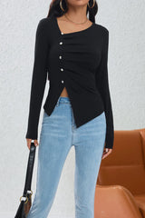 Ruched Button Detail Asymmetric Knit Top