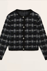 Casual Gray Plaid Knit Cardigan