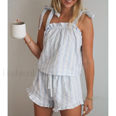 Striped Bow Ruffle Shorts Two Piece Set