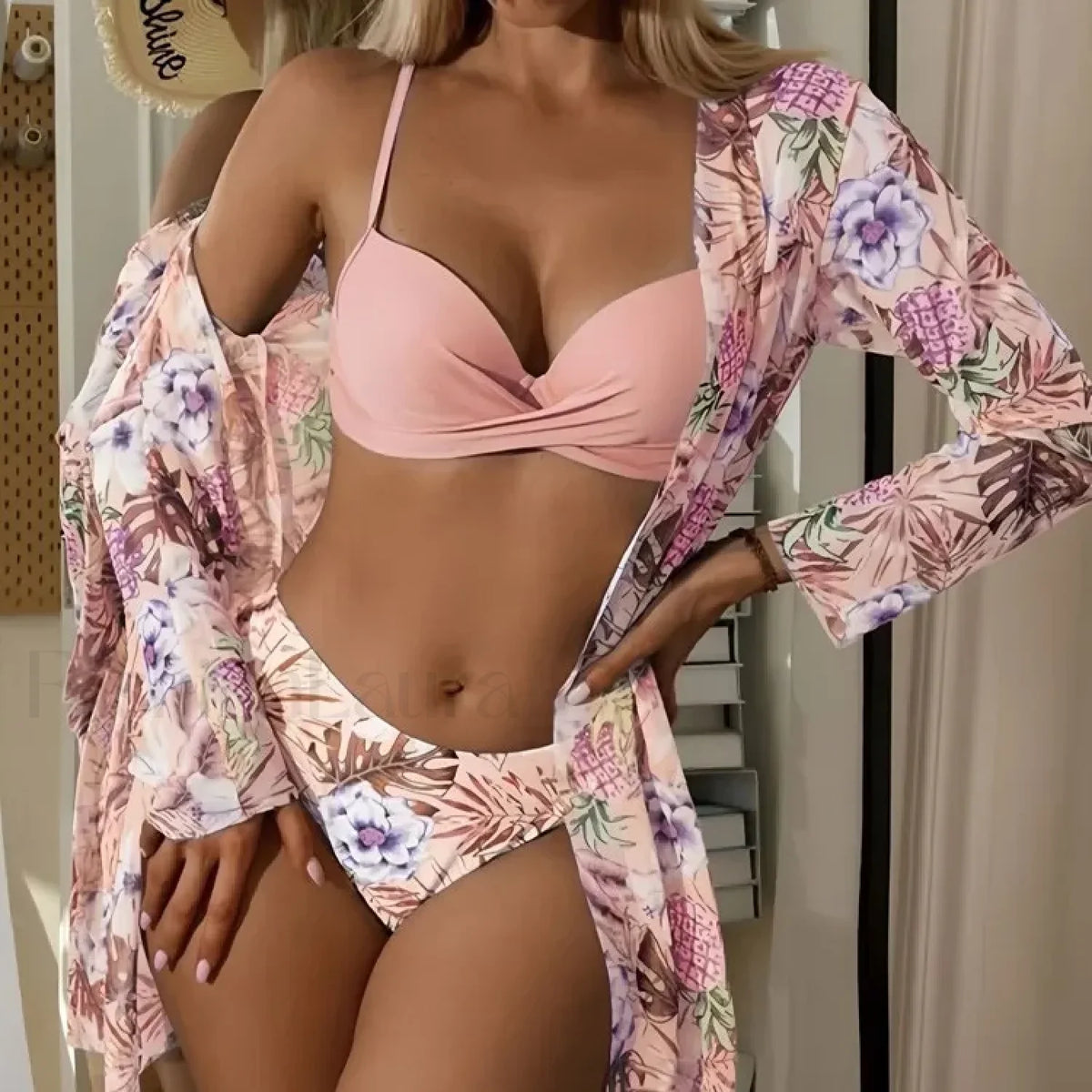 Floral Cover-Up Bikini Three Piece Set