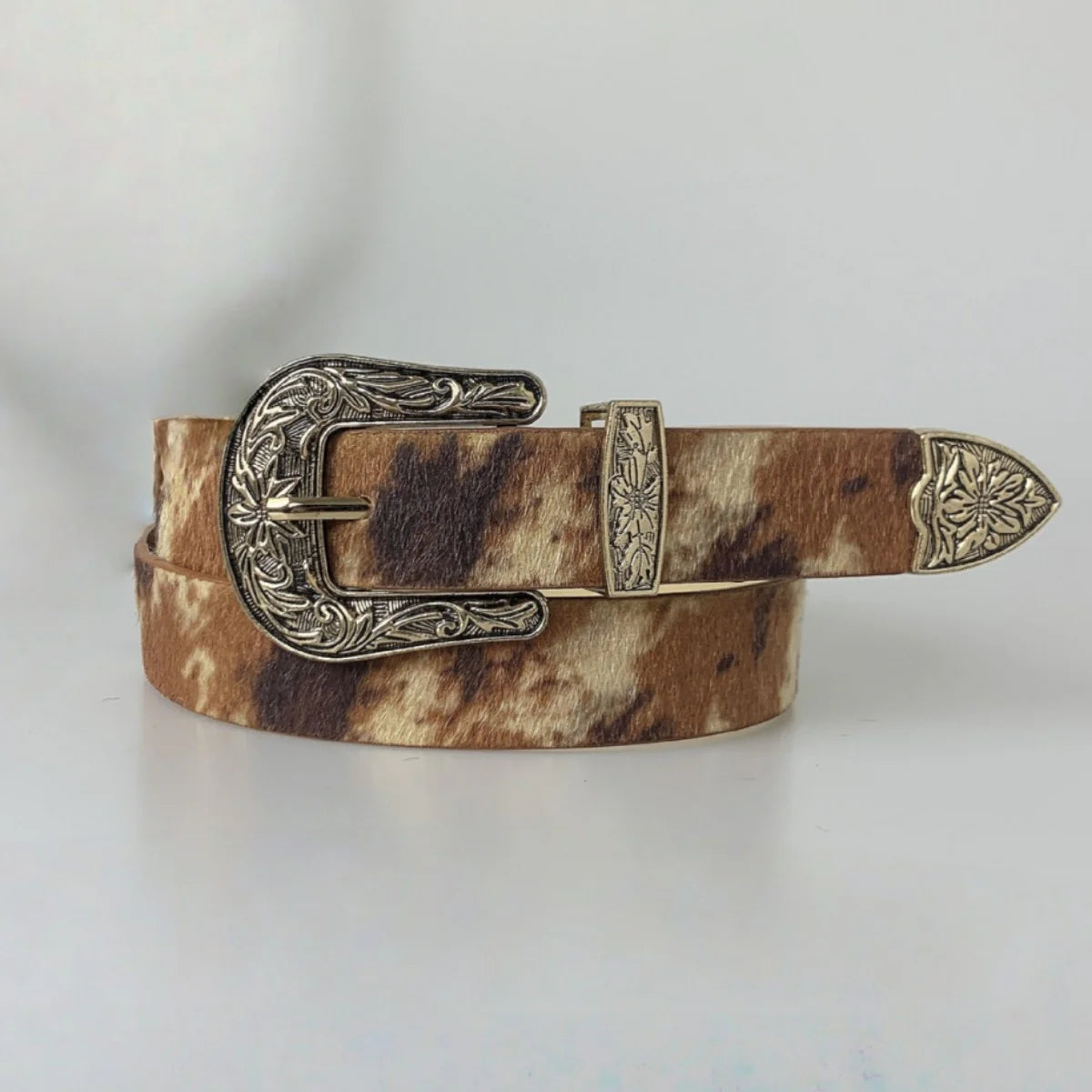 Cow Print Western Statement Buckle Belt