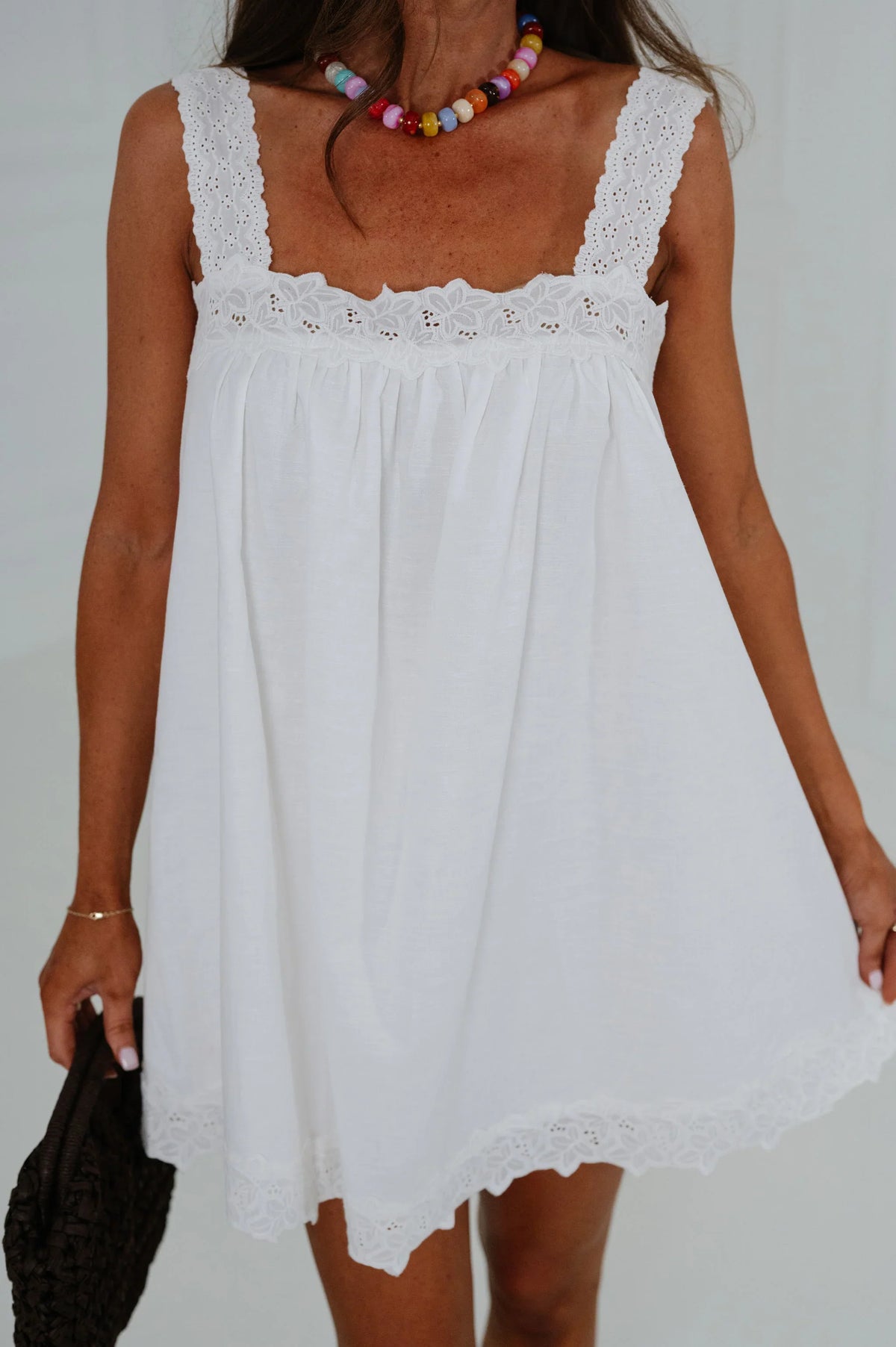 Sally Linen Lace Trim Mini Dress-Off White