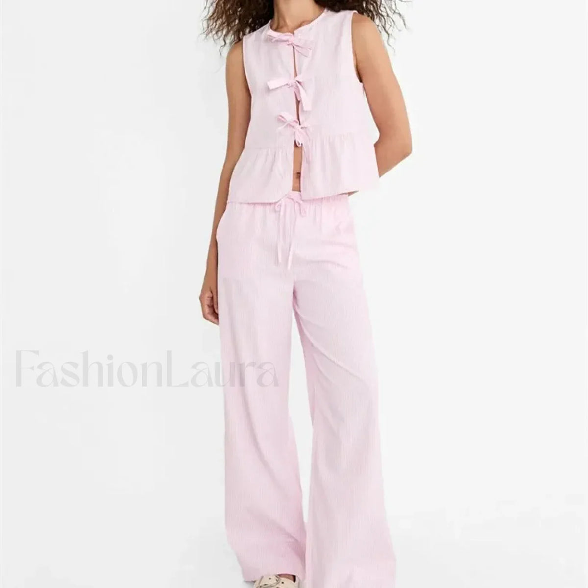 Striped Tie-up T-shirt Elastic Waist Pants Two Piece Set