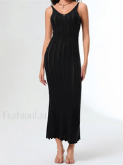 V Neck Strap Backless Knitted Maxi Dress