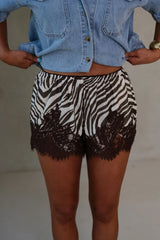 Zebra Print Lace Trim Shorts-Cream/Brown