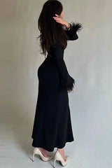 Feather Trim Bodycon Maxi Sweater Dress