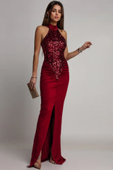 Velvet Sequin Slit Midi Bodycon Dress