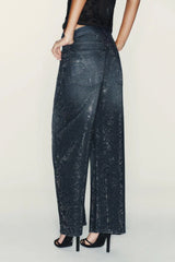 Low Rise Wide Leg Rhinestone Embellished Jeans