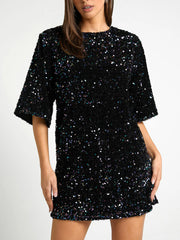 Sequin Deep V Trendy Back Tie Short Dress