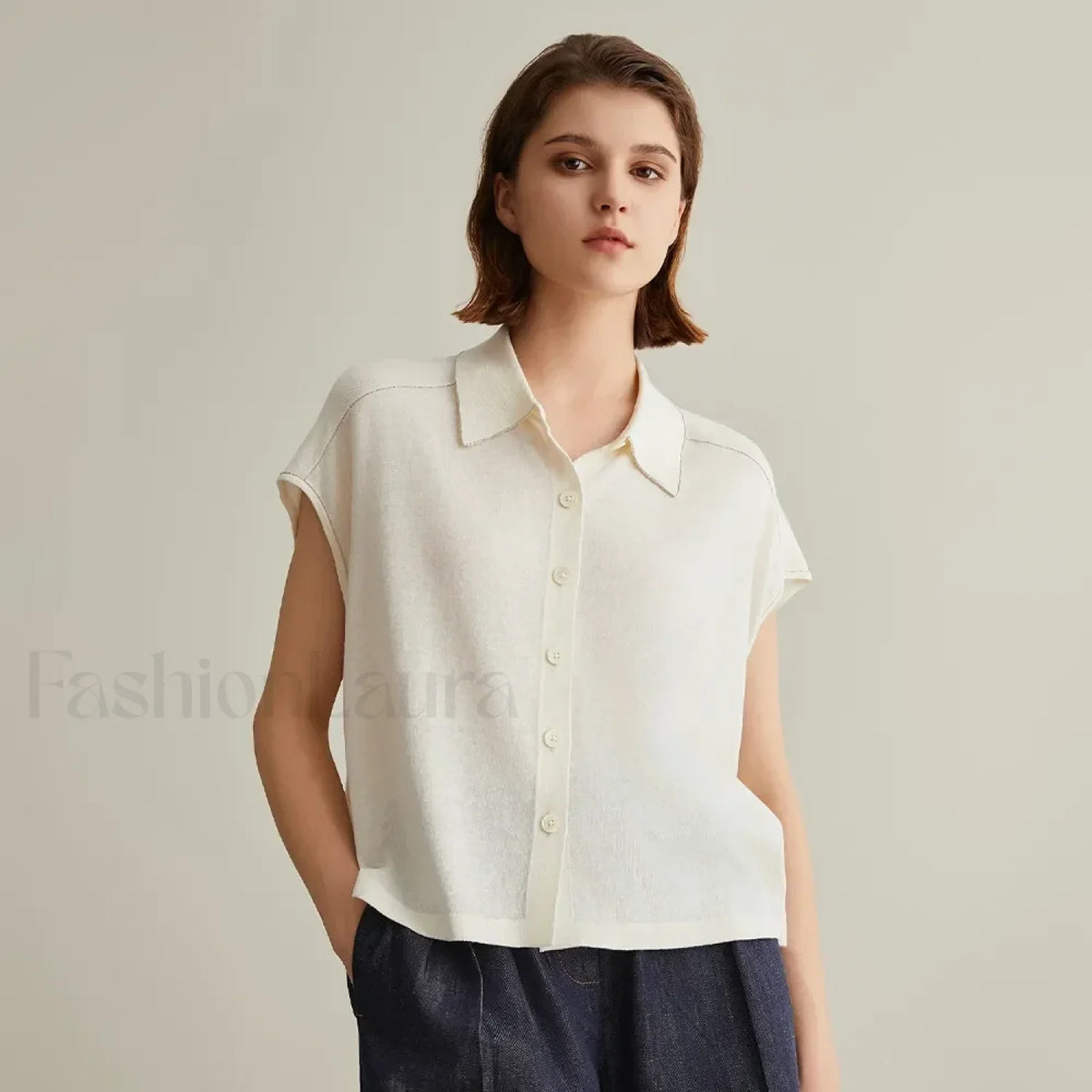 Linen Silk Polo Knitted Cardigan T-Shirt