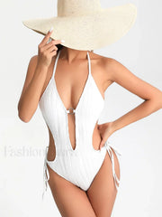 Solid Lace Up Hollow Out One Piece