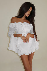 Bishop Sleeve Off Shoulder Blouse Layered Ruffle Skirt Set