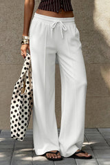 White Drawstring Wide Leg Relaxed Pants