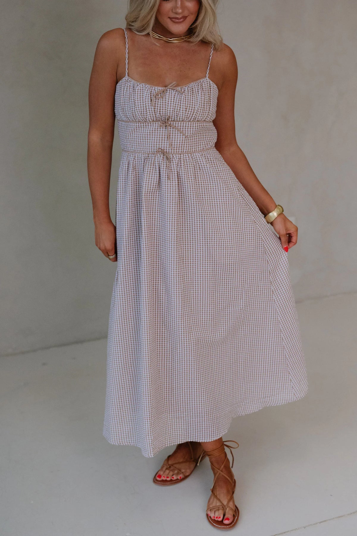 Sweet Escape Picnic Bow Dress-Taupe/White